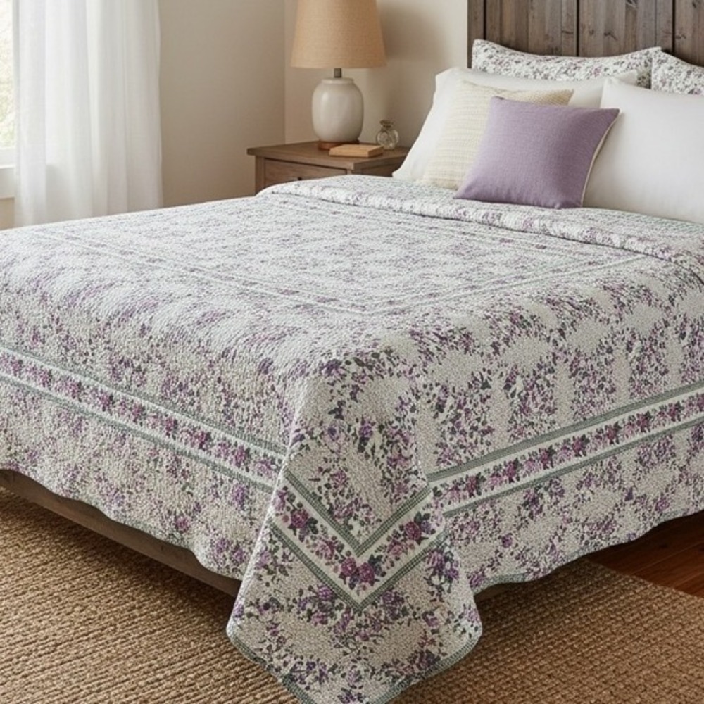 Vintage Purple & Green Floral Country Farmhouse Cottage Patchwork Quilt Full‎